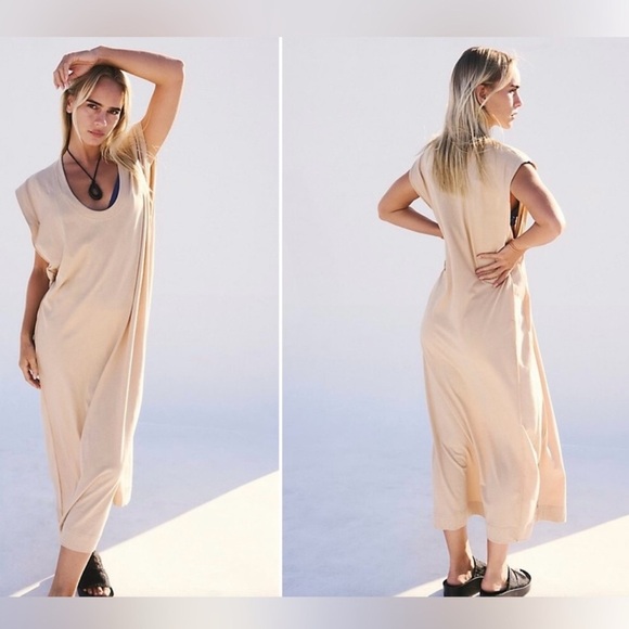 Free People Beach NWT Size Medium Tan Carta Tee Shirt Midi Dress Comfort Boho - Picture 1 of 8